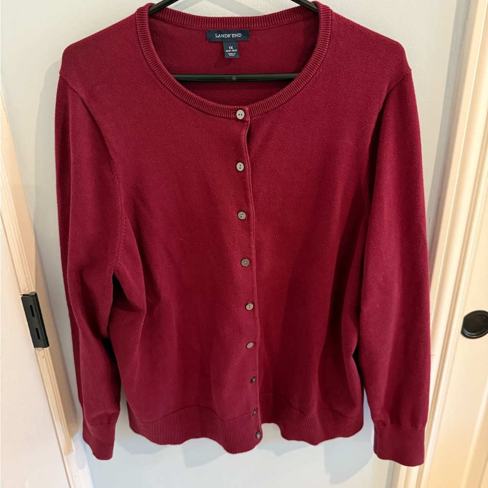 Lands' End Red Cardigan Sweater Classic Knit